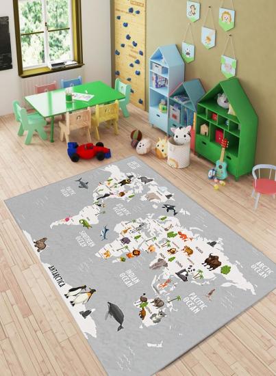 Eğitici Harita Hayvanlar Desenli Çocuk Odası Halısı
